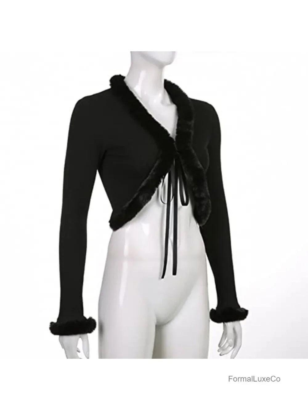 Women's Feather Trim Long Sleeve Cardigan Crop Top Rave Festival Clubwear